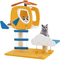 Costway Arbre à chat 76cm, arbre à chat thème hélicoptère, meubles pour chats Arbre à grimper avec plateforme nuage, jouets, griffoirs en sisal & échelle Jaune