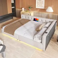 OKWISH Canapé-lit / daybed 140x200 cm, avec sommier à lattes, éclairage d’ambiance télécommandé, tête de lit capitonnée, ports USB + Type-C, tissu lin – beige, sans matelas