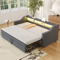 MODFU Lit convertible Lit de jour 90/180 x 190 cm, Lit rembourré Daybed Lit d'enfant avec espace de rangement multifonctionnel, éclairage LED et prise USB, Gris foncé (sans matelas)