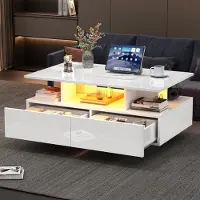 Merax Table basse haute brillance avec LED 90x55x41 cm, Table d'appoint avec 2 tiroirs, Table de salon avec espace de rangement et télécommande - Blanc