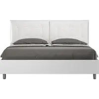 Ityhome Lit Double Éclairé Avec Rangements, Sommier Relevable, 160 X 200 Cm, Bois Blanc, Coussins En Cuir Blanc Assorti, Egos Annalisa