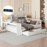 UnboxG Canapé-lit bois massif 140x200cm (blanc) : multifonctionnel double, bureau+bibliothèque, rangement (compartiments+étagères), prise courant