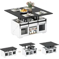 Costway Table basse avec plateau, 105 cm Table centrale de style cottage avec 2 portes coulissantes de style grange, étagères et 3 compartiments, table à manger 3 en 1, noir