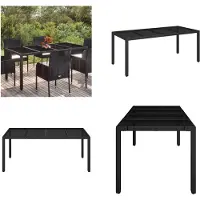 vidaXL Table de jardin avec plateau en verre Noir 190x90x75 cm Poly Rotin - Table de jardin avec plateau en verre - Meubles de jardin avec plateau en verre - Table à manger