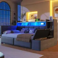 Flieks Canapé-lit Lit de jour 90x190cm avec tabouret de lit hydraulique, lit rembourré simple avec fonction de chargement et Led, lit de jeunes en velours avec rangement, Foncé