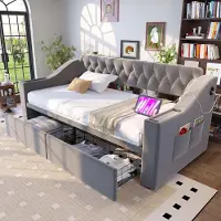 Flieks Canapé-lit Canapé-lit 90x190cm avec 2 tiroirs, lit rembourré lit de jour Daybed avec fonction de chargement, lit de jeunes lit d'hôtes, velours, gris clair
