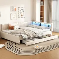 Merax Lit de jour Daybett 140x200 cm, Canapé-lit avec LED, USB+Typ C, 2 tiroirs, compartiment de rangement, Canapé-lit, Lit capitonné en lin, Beige