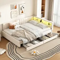 OKWISH Lit Banquette 140x200 cm - Lit Double avec USB et Type-C, Éclairage LED d’Ambiance et Compartiment de Rangement, en Tissu Lin, sans Matelas, Beige