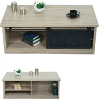 Mendler Table basse HWC-K75, table d'appoint table de salon, porte coulissante 6 compartiments de rangement, aspect bois métal 44x120x60cm naturel