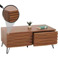 Mendler Table Basse Hwc-M49, Table De Salon, Design 3d 2 Tiroirs Bois Massif Mangue Métal 46x110x55cm Aspect Noyer