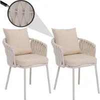 Mendler Lot de 2 chaises de salle à manger en aluminium HWC-P89, chaise d'intérieur avec accoudoirs, tissu/textile (180 g/m²) tressage en corde crème