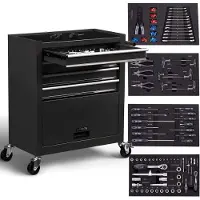 Arebos Servante d'atelier, 4 tiroirs, 81 outils, tapis antidérapants, noir