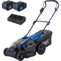 Scheppach Tondeuse à gazon sans fil BC-MP430-X avec 2x batterie 4Ah + double chargeur 4,5A | 2x 20 V (40 V) de puissance de batterie | Hauteur de coupe en 6 niveaux de 25 - 75 mm