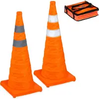 Relaxdays Pylônes , lot de 2, pliables, bandes réfléchissantes, cônes de signalisation avec sac de transport, H x l x P : 70 x 29 x 29 cm, cônes pliables, orange