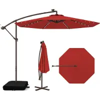 Costway Parasol ampli avec sacs de sable, Ø300cm Parasol avec 40 LEDs solaires et manivelle, Parasol de jardin protection UV rouge