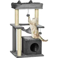 Youjia Arbre à chat de 90 cm avec hamac, structure de jeu, grotte pour chat, plateformes, arbre à grimper, arbre à chat d'activité, en peluche et sisal, gris