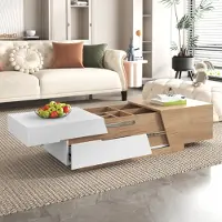 OKWISH Table Basse Extensible - Avec Mécanisme Glissant et Espace De Rangement, Design Moderne, 120×50×37,5 cm - Blanc Et Couleur Bois
