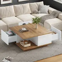 Merax Table basse avec 3 tiroirs, table basse brillante avec espace de rangement semi-ouvert, table de salon, table d'appoint, carrée, blanche + bois