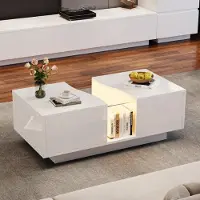 Merax Table basse LED 100x50x35cm, blanc brillant, table de salon avec 2 tiroirs, plateau acrylique &par app, design moderne