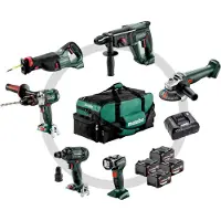 Metabo Coffret Combo sans fil pour l'artisanat du bâtiment 6.1 SB 18 LTX Impuls + KH 18 LTX 24 + W 18 L 9-125 Quick + ASE 18 LTX + SSW 18 LTX 300 BL + ULA 14.4-18 LED ; sacoche à outils