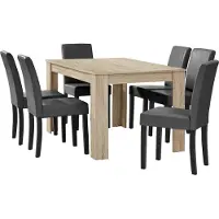 En.casa [] Table de salle à manger en chêne clair avec 6 chaises gris foncé en similicuir rembourré 140x90 Groupe de salle à manger