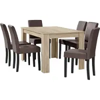 En.casa [] Table de salle à manger en chêne clair avec 6 chaises en similicuir marron rembourré 140x90 Groupe de salle à manger