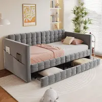 Flieks Canapé-lit Lit de jour 90x190cm avec 2 tiroirs, Lit d'enfant Lit d'adolescent avec poches, Lit rembourré Lit simple avec sommier à lattes, Velours, Gris