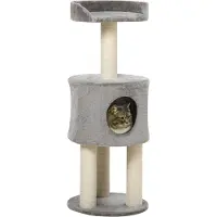 PawHut Arbre à chat griffoirs grattoirs sisal naturel arbre à grimper hauteur 103 cm niche plate-forme en peluche gris