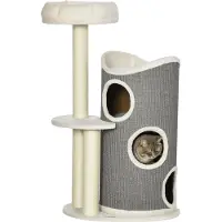Youjia Arbre à chat de 109 cm avec tonneau à griffer et panier, poteaux en sisal, style moderne blanc et gris pour les amoureux des chats,