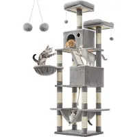Feandrea Arbre à chat 206 cm, XXL, avec 13 griffoirs, 2 plates-formes gris clair
