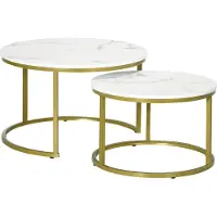 HOMCOM Lot de 2 tables basses gigognes tables rondes plateau blanc aspect marbre et pied en acier doré