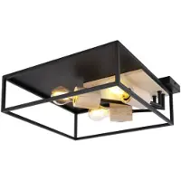 Globo Lighting Plafonnier métal noir mat, bois naturel, LxlxH : 440x440x145mm, excl. 3x E27 15W 230V