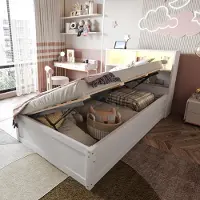 MODFU Lit Coffre 90x200 cm - Lit Simple Multifonction avec Bande LED et Tiroirs de Rangement, Lit Dossier Rembourré en Bois de Pin, Sans Matelas - Blanc