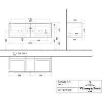Villeroy & Boch Subway 3.0 armoire sous lavabo, éclairage LED, 2 tiroirs, lavabo au centre, 1272x429x478mm, C601L0VQ