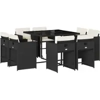 Syfax Ensemble à manger de jardin 9pcs coussins noir résine tressée