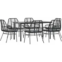 Syfax Ensemble à manger de jardin coussins 7pcs noir poly rotin verre