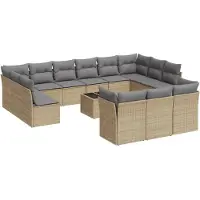vidaXL Ensemble de salon de jardin 14 pièces avec coussins Beige Poly Rattan