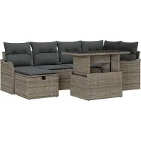 Syfax Salon de jardin modulable 7 pièces, ensemble canapé et table réglable, poly rotin gris, bois d'acacia, 6 places, avec coussins et rangement.