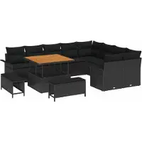 Syfax Salon de jardin modulaire, ensemble canapé 12 pièces, polyrotin noir, résistant aux intempéries et UV, table réglable hauteur, 11 places avec coussins