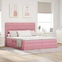 Prolenta Lit de luxe avec tête de lit et espace de rangement, couleur rose, dimensions 200 x 200 cm, revêtement en velours