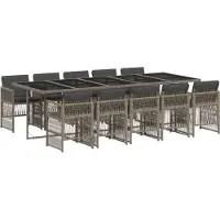Syfax Ensemble de salle à manger de jardin 11 pièces, poly rotin gris, table verre trempé 275x106x73 cm, 10 chaises avec coussins gris foncé lavables
