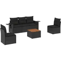 Syfax Ensemble de canapés modulables de jardin 6 pièces, résine tressée noire, avec table d'appoint acacia, coussins déhoussables lavables, résistant aux UV