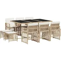 Syfax Ensemble à manger de jardin et coussins 11 pcs beige poly rotin