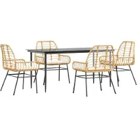 Syfax Ensemble à manger jardin coussins 5pcs marron poly rotin verre