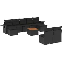 Sonstiges Ensemble Canapé Modulable de Jardin 10 pcs, Résine Tressée Noire, Coussins Déhoussables, Table d'Appoint Pliable en Bois d'Acacia, Résistant aux UV