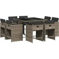 Syfax Ensemble à manger de jardin 9 pcs coussins gris résine tressée