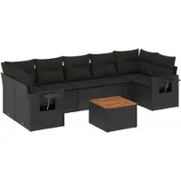 Syfax Ensemble Modulable de Jardin 8 pièces, Canapés et Table d'Appoint Pliable, Résine Tressée Noire, Bois d'Acacia, Coussins Déhoussables