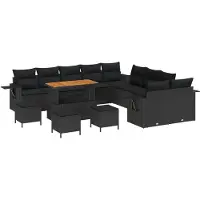 Syfax Ensemble de canapé de jardin modulaire, polyrotin noir et bois d'acacia, résistant UV, capacité 13 personnes, coussins lavables, 14 pièces
