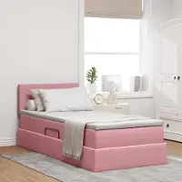 Prolenta Lit de luxe avec tête de lit et espace de rangement, couleur rose, dimensions 90 x 190 cm, revêtement en velours