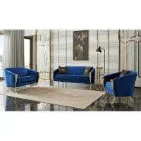 AEA Fauteuil de luxe rembourré 3+2+1 siège Bleu Pieds dorés Coussin d'assise Nouveau